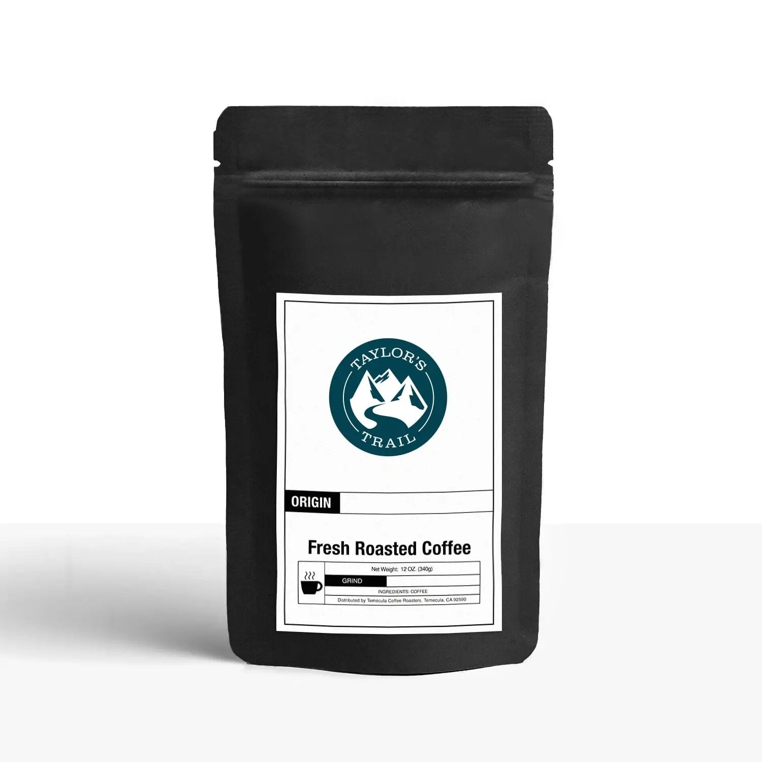 Black coffee bag with a label featuring 'Taylor's Trail' on a white background house blend fresh roasted coffee
