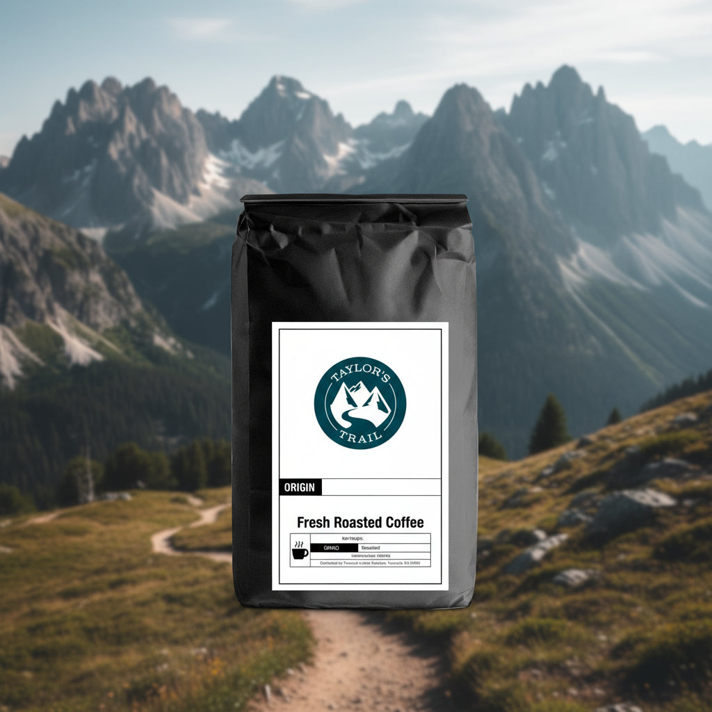 Black coffee bag with a label on a white background. Taylors Trail logo. Mocha flavored coffee 