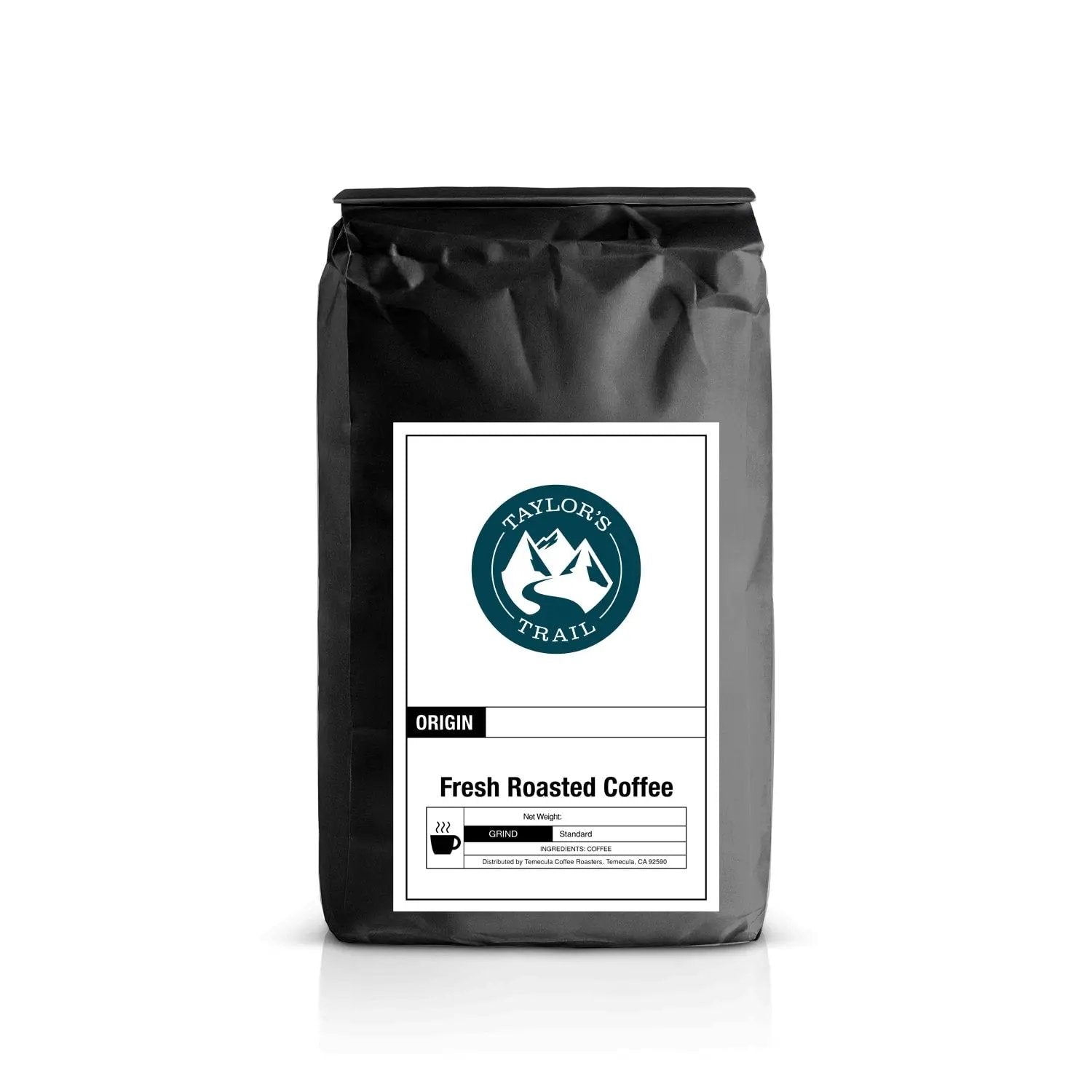 Black coffee bag with a label on a white background Taylors Trail logo French roast blend fresh roasted coffee 