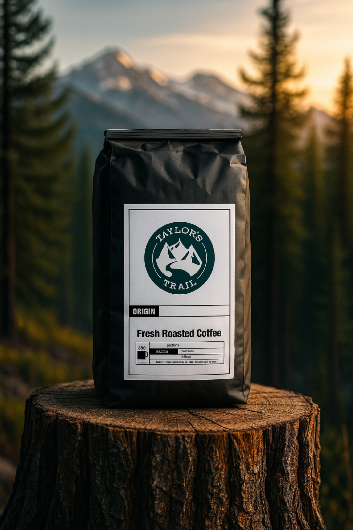 Coffee bag on a wooden stump with a mountainous background